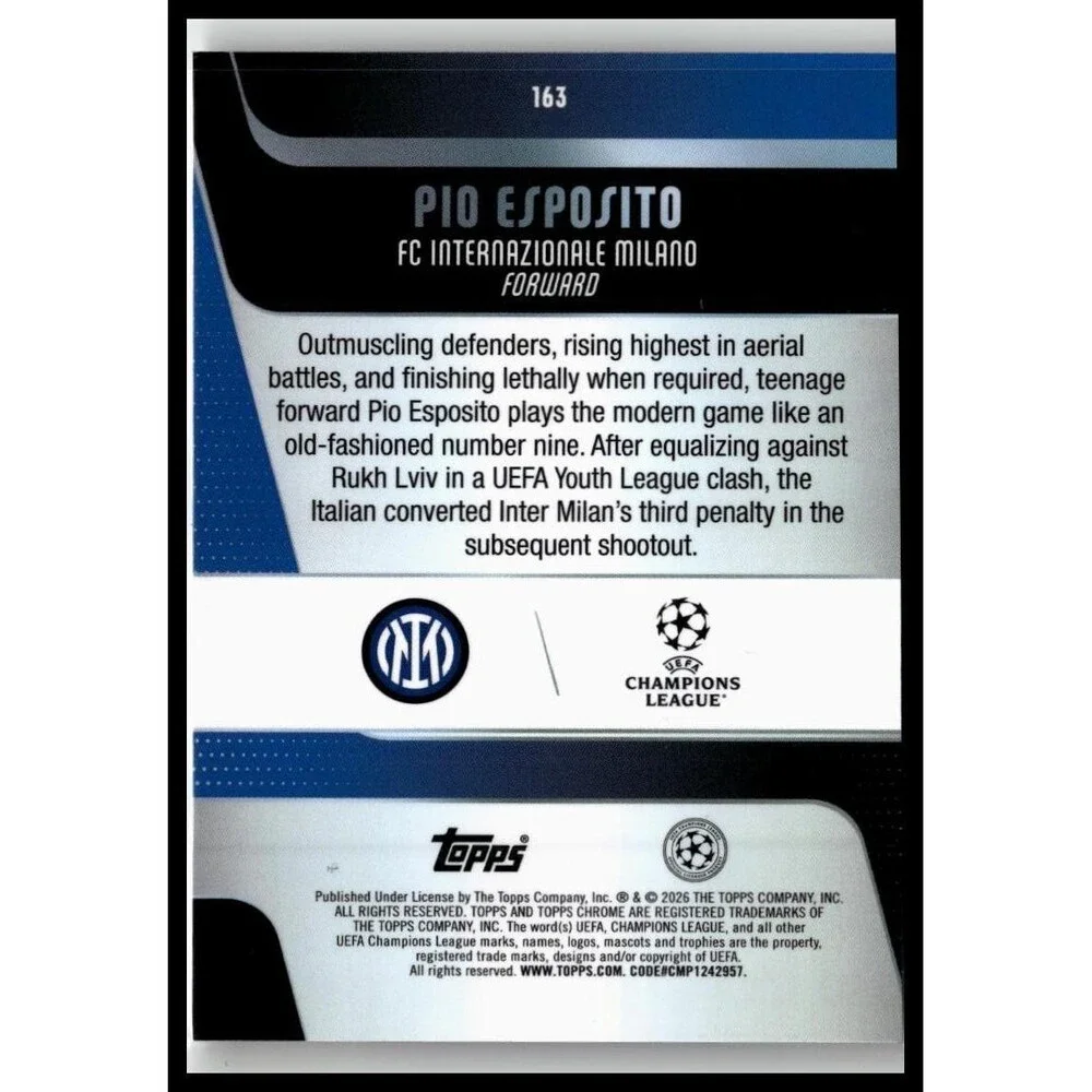 2025-26 Topps Chrome UEFA Pio Esposito #163 Inter Milan Rookie